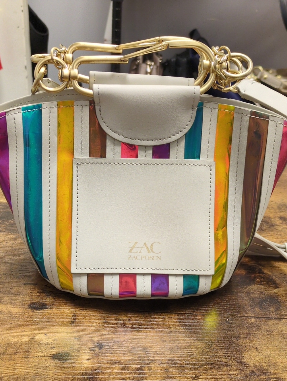ZAC Zac Posen White Leather Mini Bag with Teal, Purple, Pink and Gold Stripes